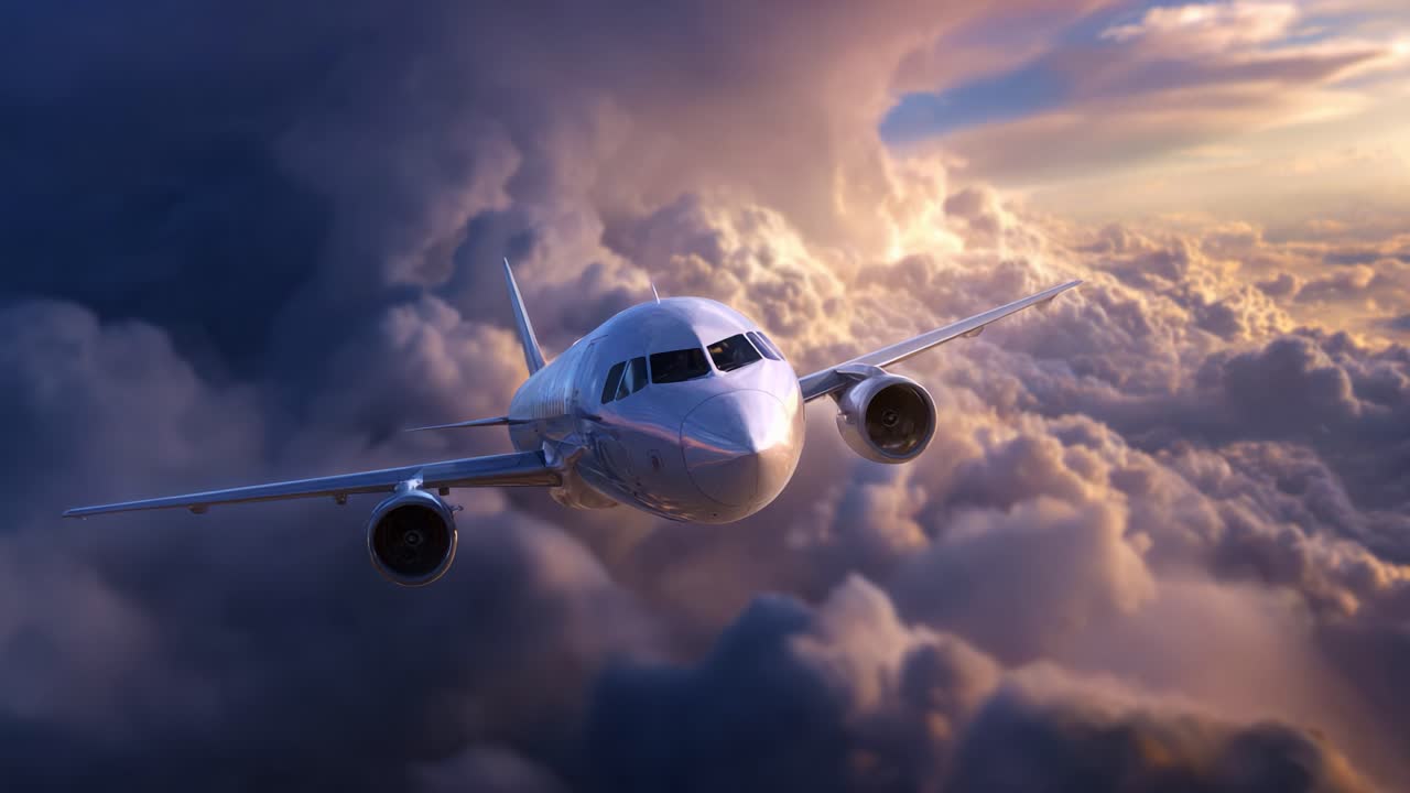 Un aereo che solca le nuvole durante l'ora d'oro, mettendo in mostra il suo design elegante e la bellezza mozzafiato del cielo illuminato dai colori della sera