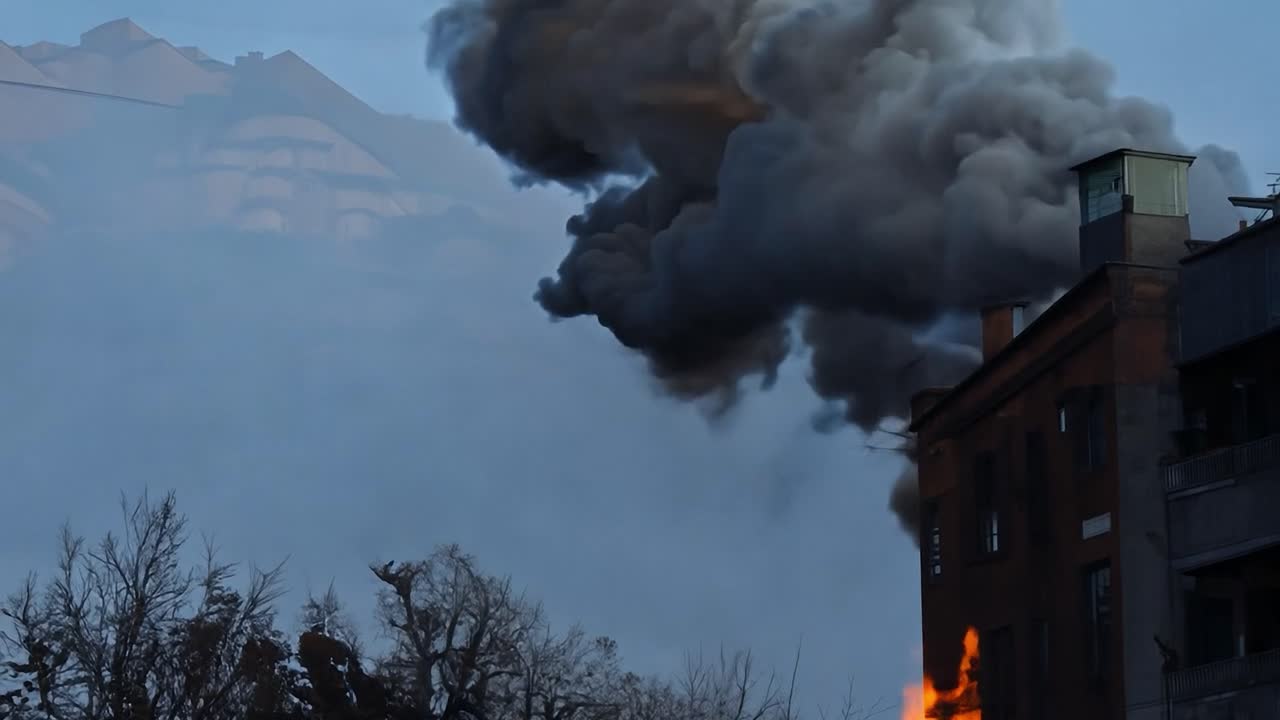 el fuego estalla en un edificio con gruesas columnas de humo negro que se elevan