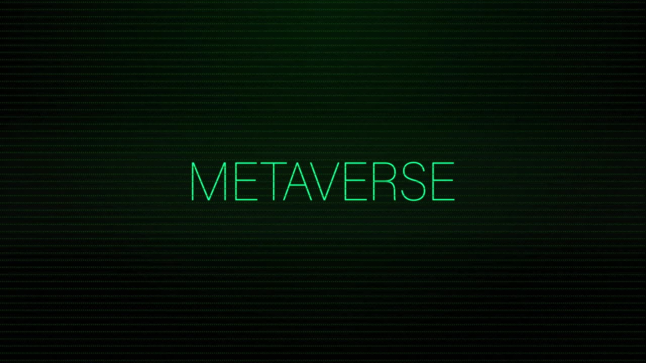 Animation of metaverse text and data processing over black background