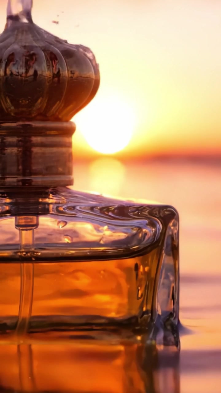 Primo piano accattivante di una lussuosa bottiglia di profumo che luccica nel bagliore dorato del tramonto, simboleggiando eleganza e atemporalità.