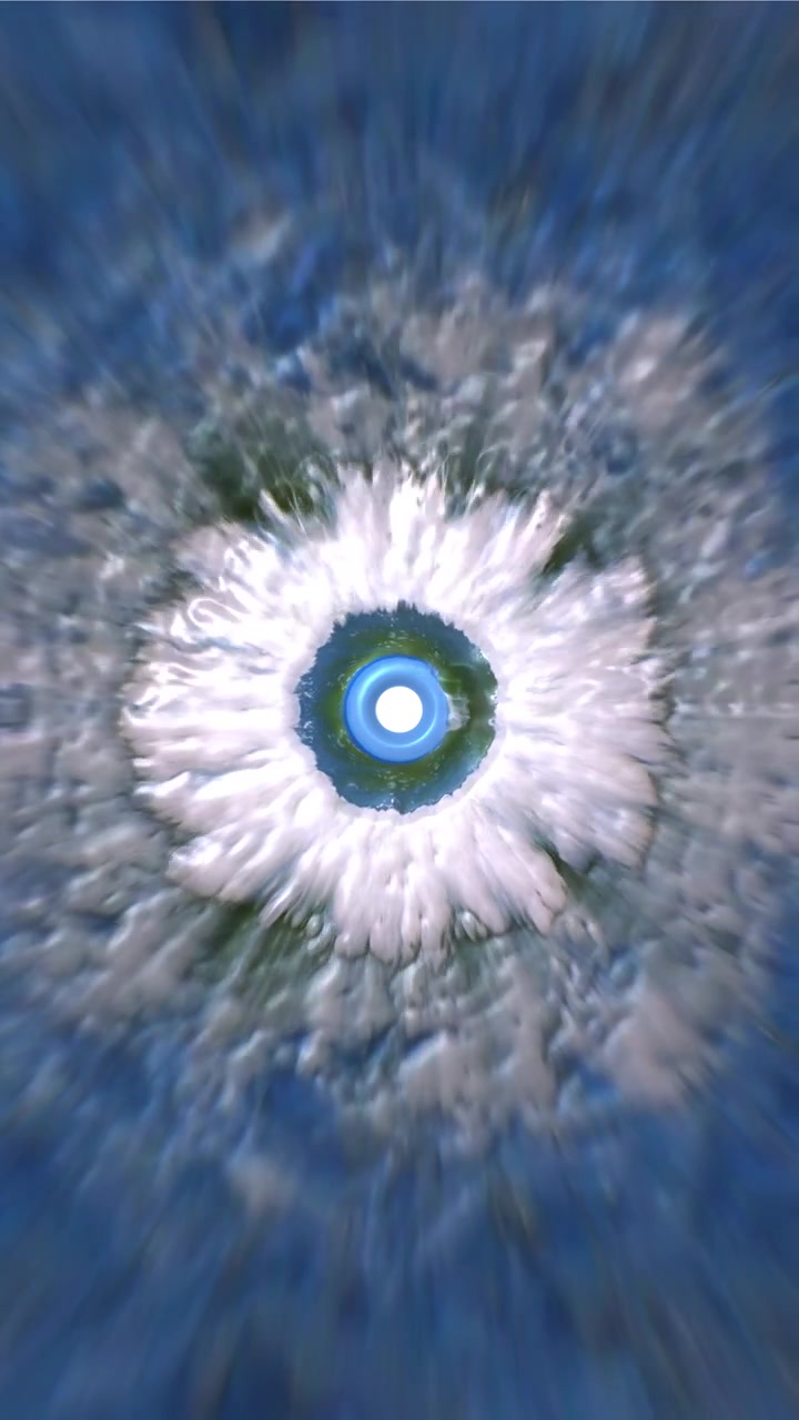 Video verticale, onde astratte, occhio marino avvolto da fluido bianco con iride ad anello centrale. Animazione 3D 4K.