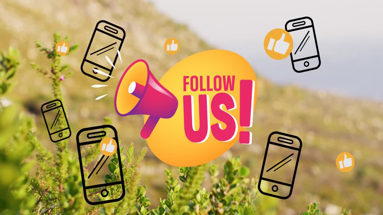 animación de iconos de las redes sociales y la orilla con paisaje marino