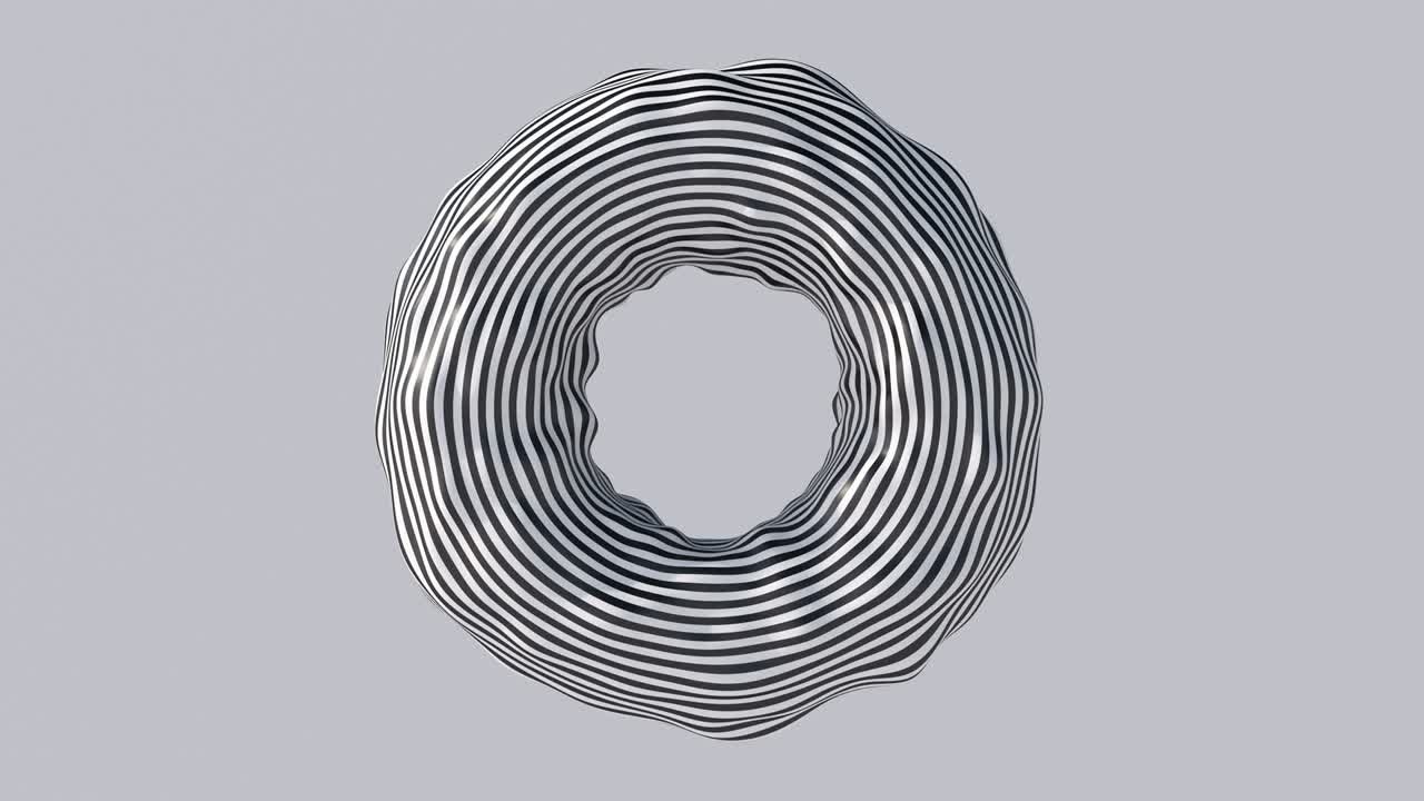 Black and white striped deformed circle shape. Abstract animation, 3d render.