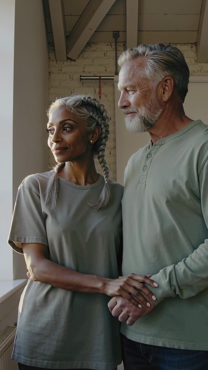 Vertical video: Gazing toward soft light, couple at loft window holding hands in green shirts