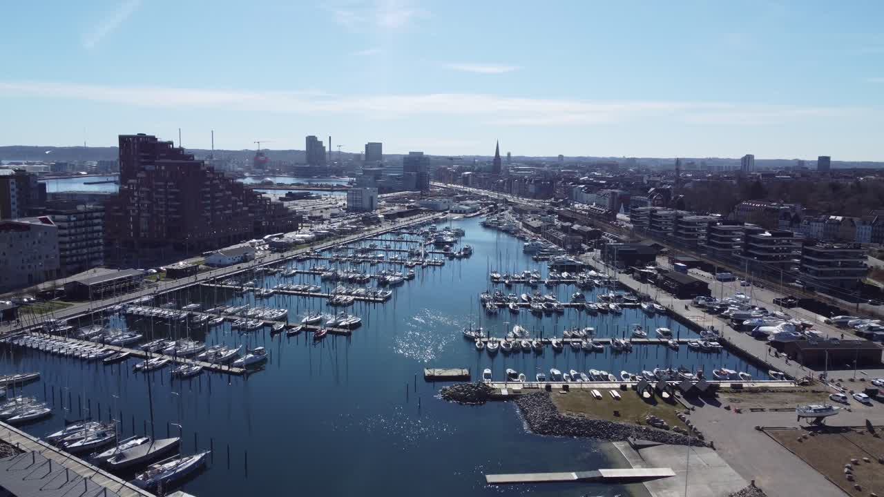 Aerial view of Aarhus Oe and the marina with the sails sport area