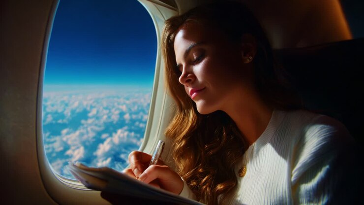 A young woman elegantly captures her thoughts in a notebook while gazing out the airplane window, immersed in the serene beauty of the skies and clouds during her flight to an unknown destination
