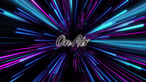 animation of on air text over colourful light trails on black background