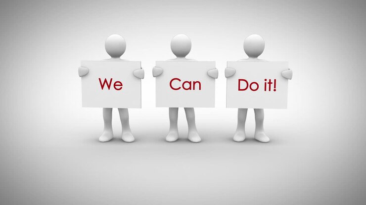 White characters showing signs saying we can do it