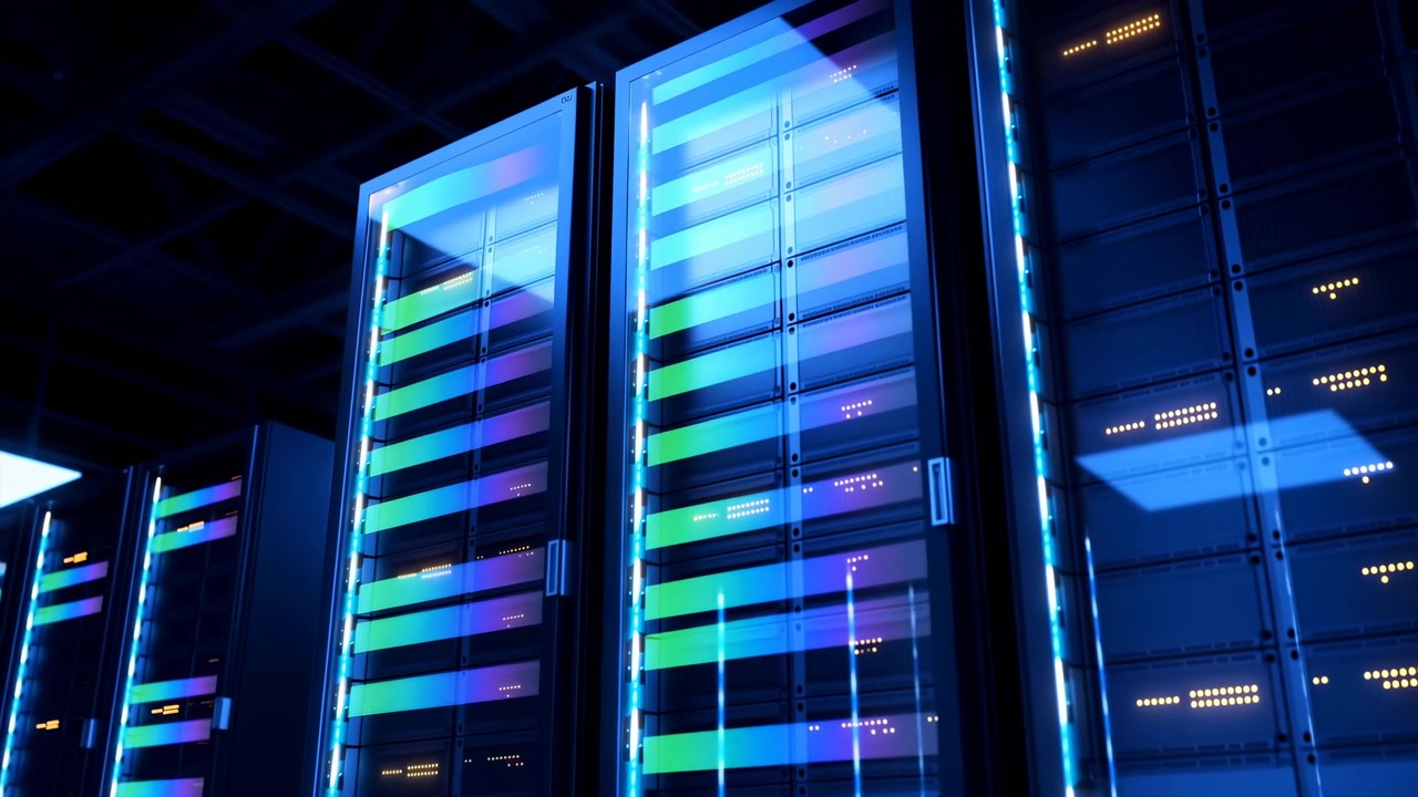 Tall server cabinets line a dark high tech data center, with glowing blue status lights, reflective flooring, and a cool secure atmosphere suggesting digital