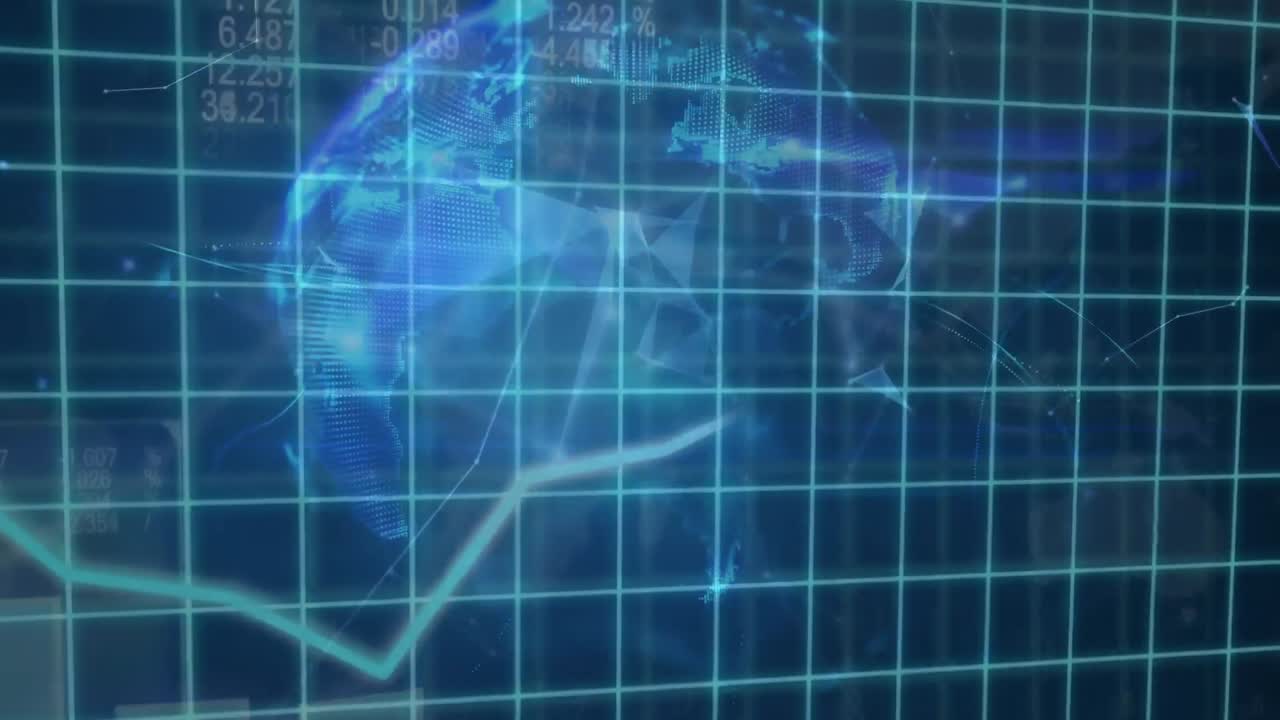 회전하는 반투명한 지구에 대해 성장하는 그래프와 데이터를 투사하는 그리드