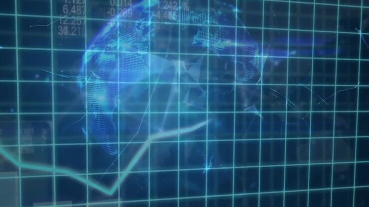 Grid projecting growing graph and data against rotating translucent globe