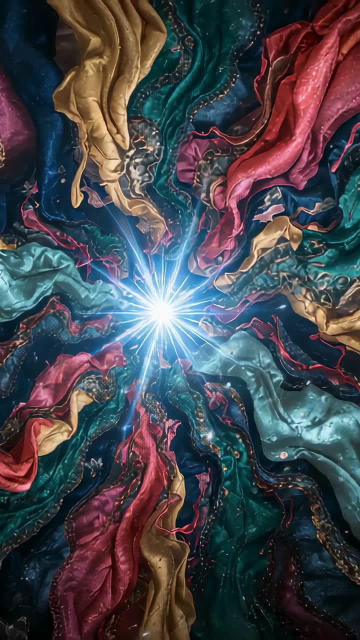 Vertical video: Pulsing starburst moving silk ribbons in dark speckled field, particles drifting