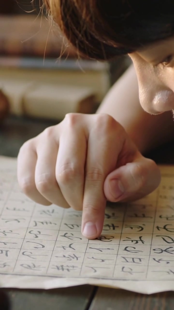 Vertical video: Seeing characters, child tracing grid paper with bare forearms at desk, practicing