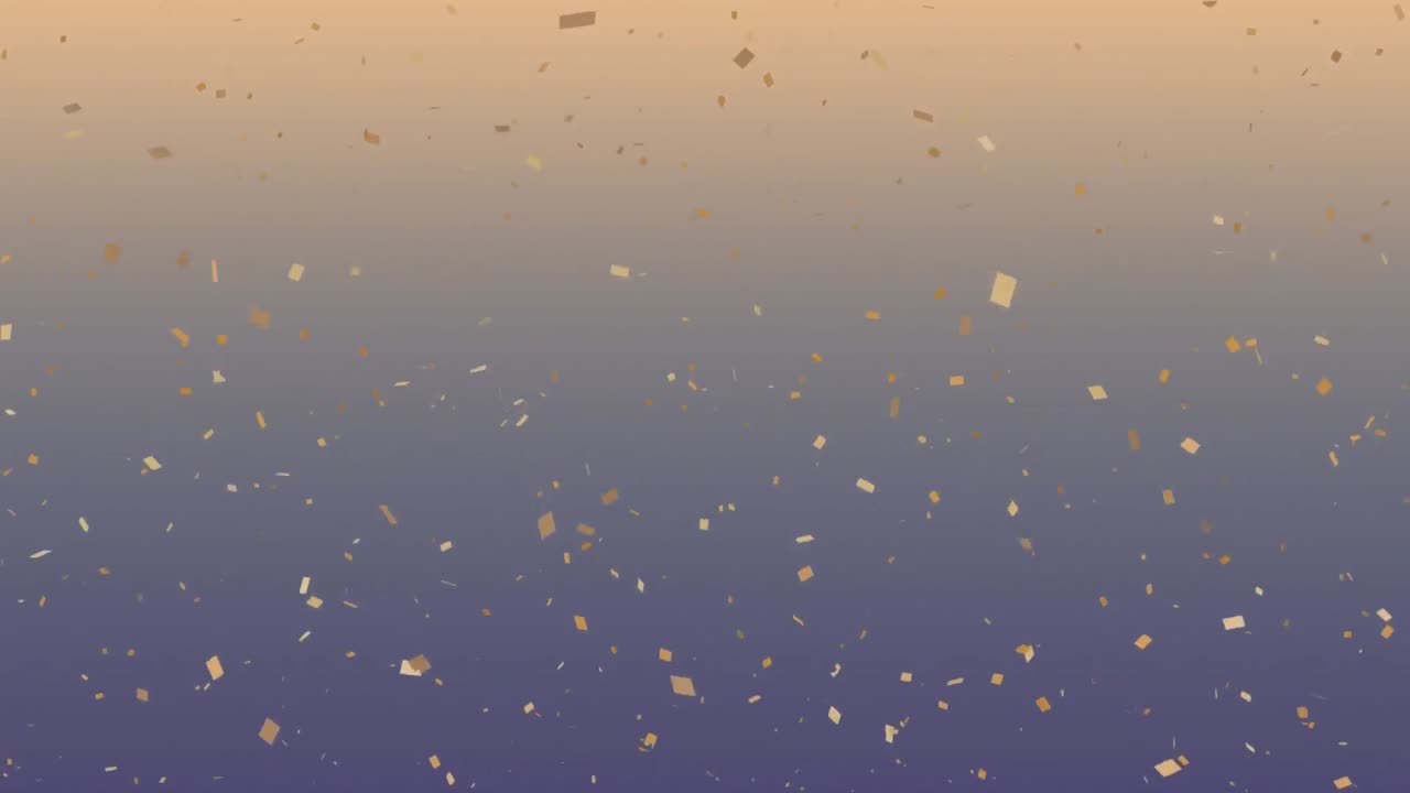 Animasi confetti berjatuhan di atas latar belakang gradasi kuning ke cokelat