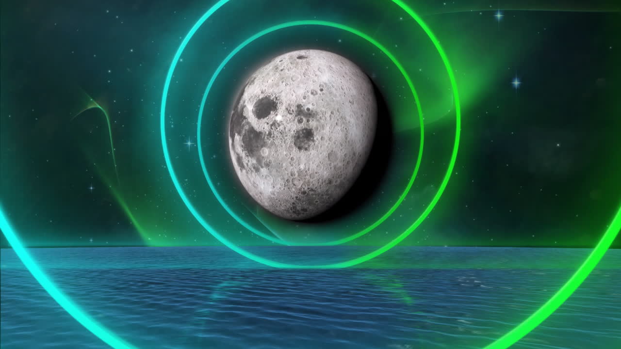 анимация красочных форм над планетой и водой на небе с звездами