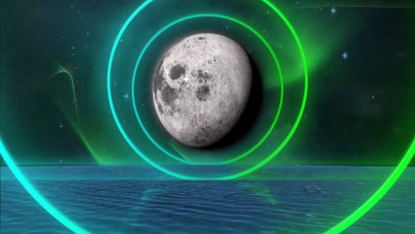 animación de formas coloridas sobre el planeta y el agua en el cielo con estrellas