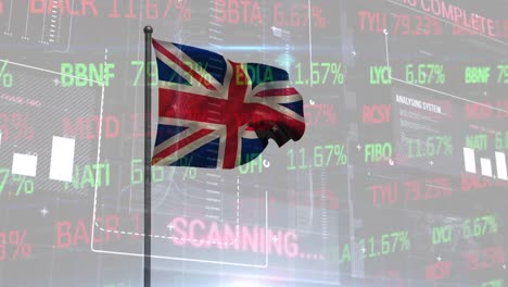 Animation-of-stock-market-data-processing-over-waving-uk-flag-against-grey-background