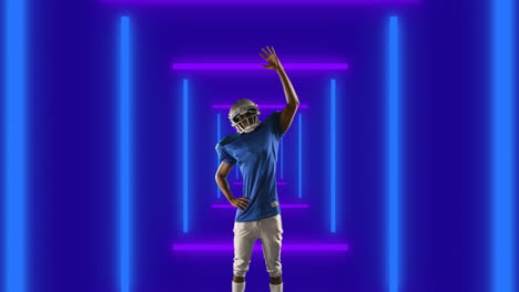 animation of african american male american football player over shapes