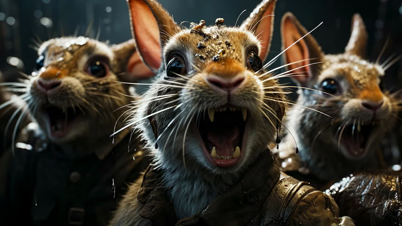 Wild animals' night adventure. A group of rabbits with fierce expressions faces the rain, ready for an exciting journey under the night sky