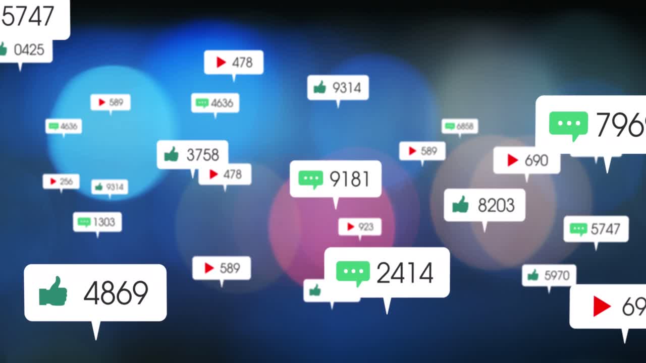 검은 바탕에 색 배너에 숫자를 가진 소셜 미디어 아이콘의 애니메이션