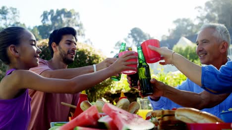 multi-generation family toasting drinks in park 4k