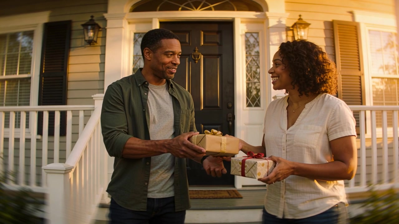 Shifting man extending hands exchanging brown box while woman opening light-wrapped gift on porch