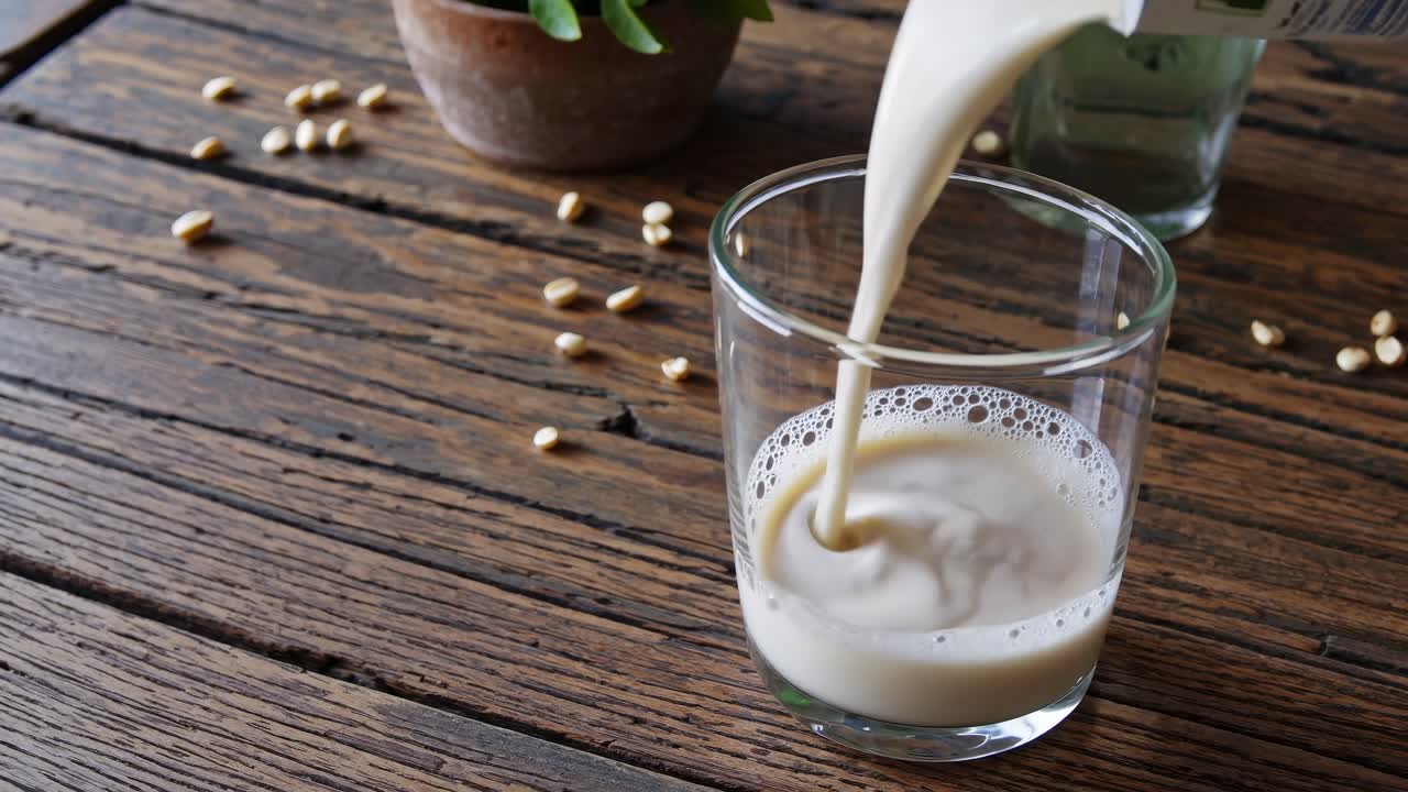 Close-up, eye-level shot of milk being poured into a glass on a rustic wooden table