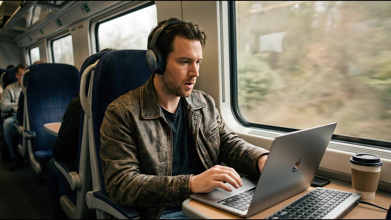 Young Man Working Remotely on Laptop Inside a Moving Train