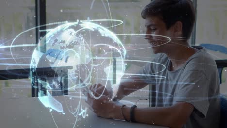 animation of globe with icons and data processing over caucasian male student at school