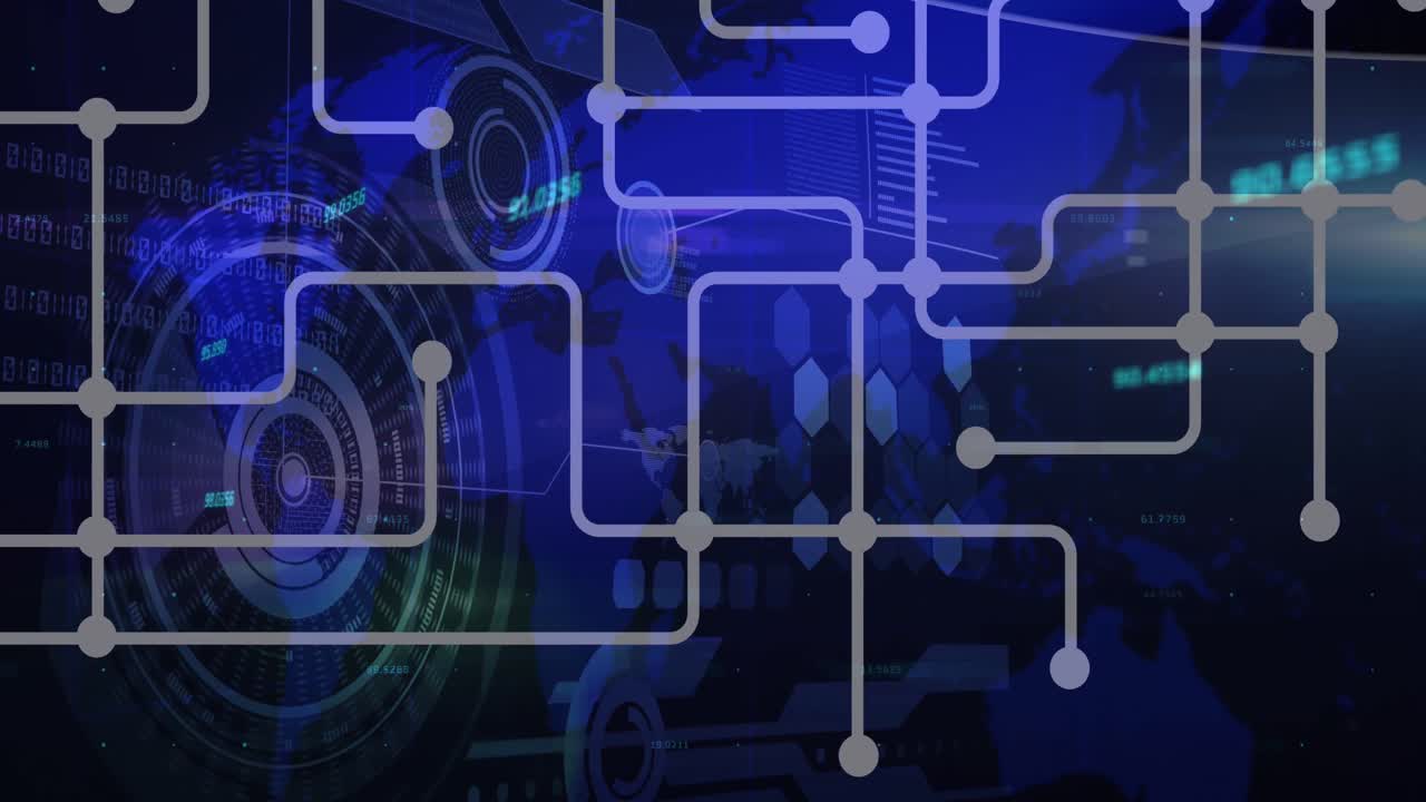 animación de la red de conexiones, procesamiento de datos e iconos digitales