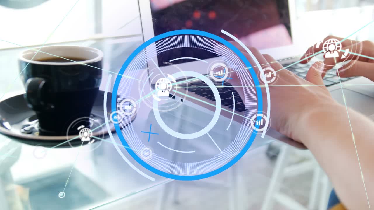 Animation of scopes scanning animation network of connections and scopes on network over arrows
