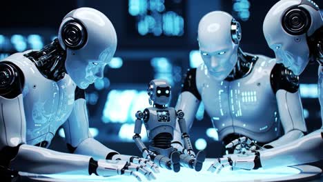 A group of advanced robots collaborates around a table, focusing intently on a smaller humanoid robot.