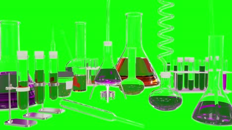 tubos de ensayo de laboratorio y otros vasos científicos aislados en el fondo de la pantalla verde - concepto de solución científica, fondo médico en 4k 60fps video uhd animación 3d