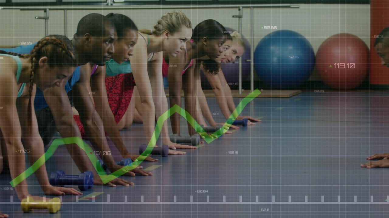 Gym group on instructor cue doing plank push-ups with graph tracking metrics ending in child's pose