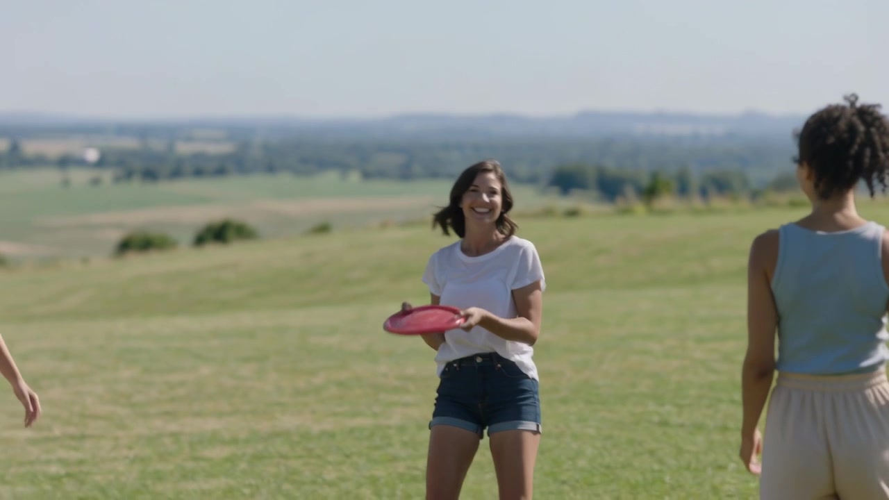 Playing left in pink dress tossing red disc on grassy hill, center catching then passing right