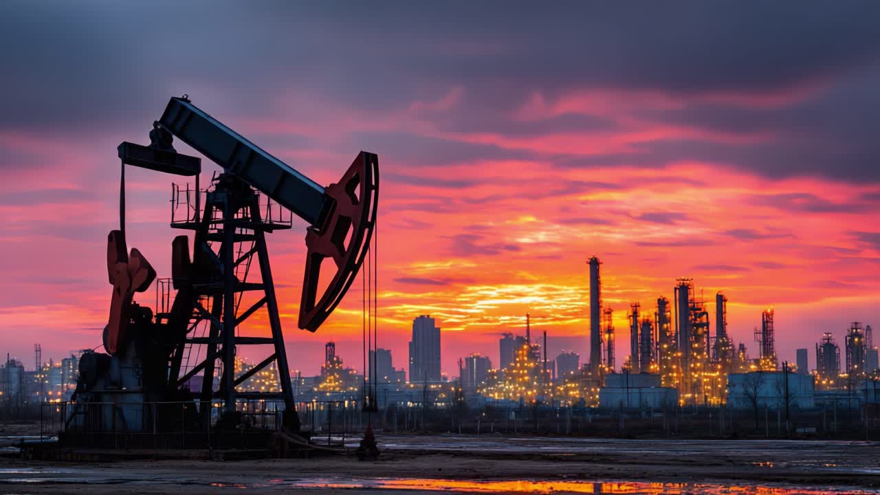 Impresionante puesta de sol sobre una unidad de bombeo de petróleo con un paisaje industrial de fondo, capturando la belleza de la producción de energía y los paisajes naturales
