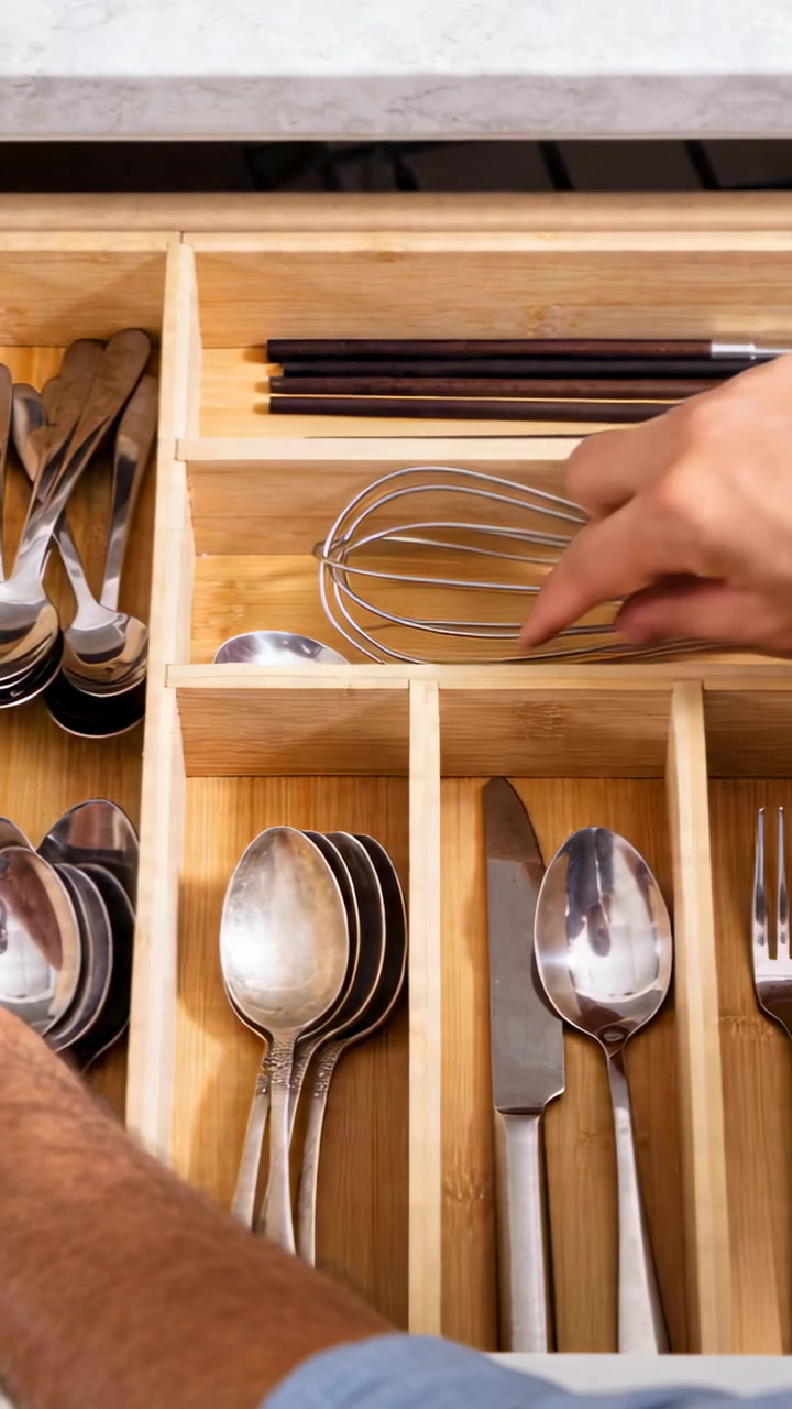 Vertical video: Opening drawer right hand in blue shirt reaching spoon aligning whisk to tidy tray