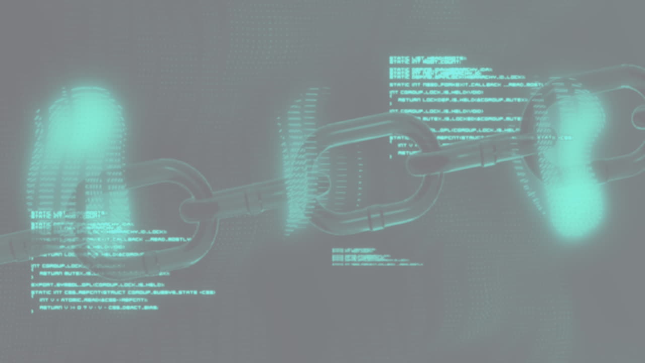 Animation of abstract pattern, blockchain and computer language over black background