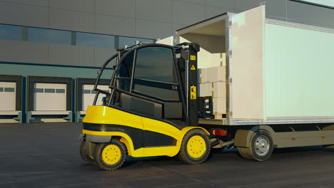 modern, advanced, robot arm loading and stacking cargo boxes from the line onto a forklift inside a vast warehouse. fast, slick and efficient and sophisticated piece of technology working effortless.