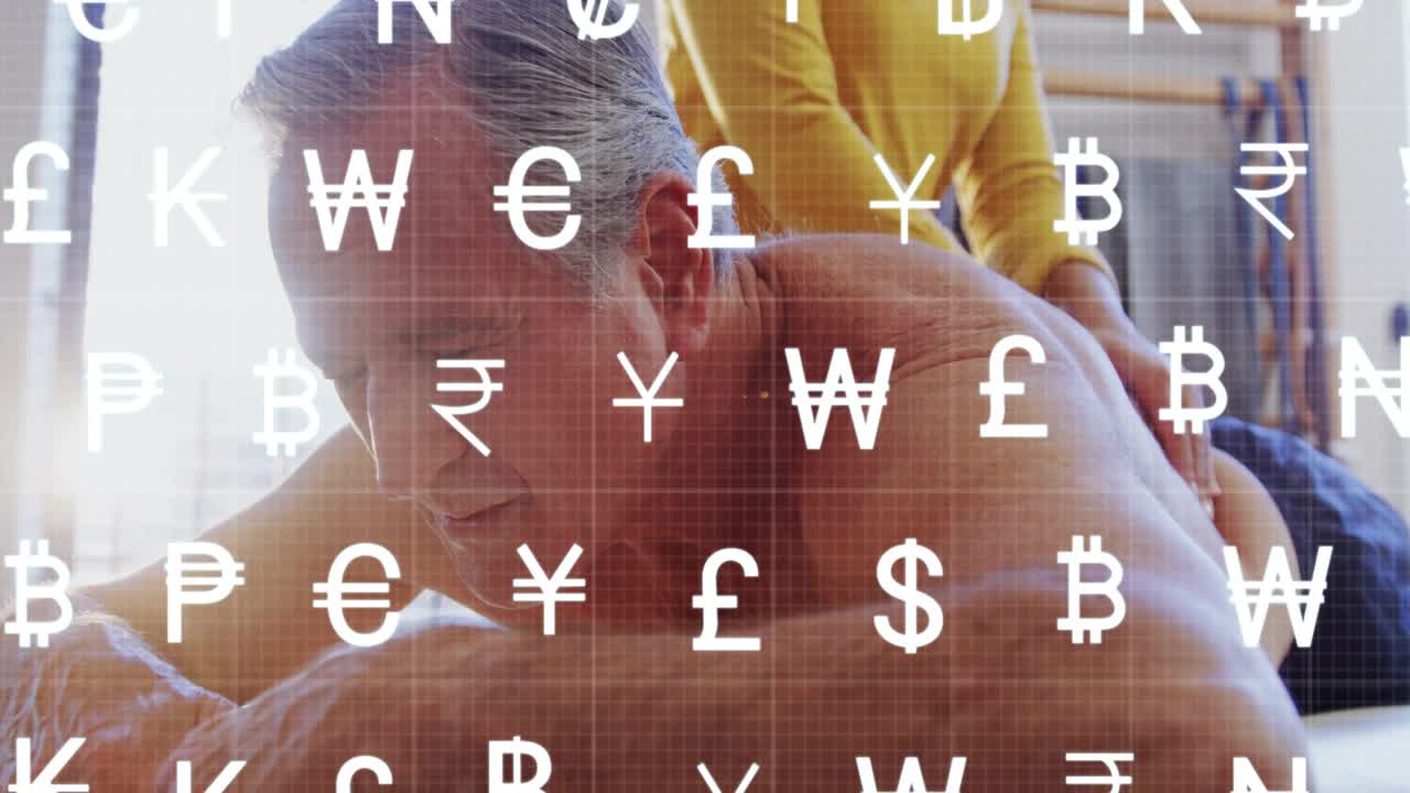 wellness therapist placing hands at lower back and kneading, relieving tension under currency grid