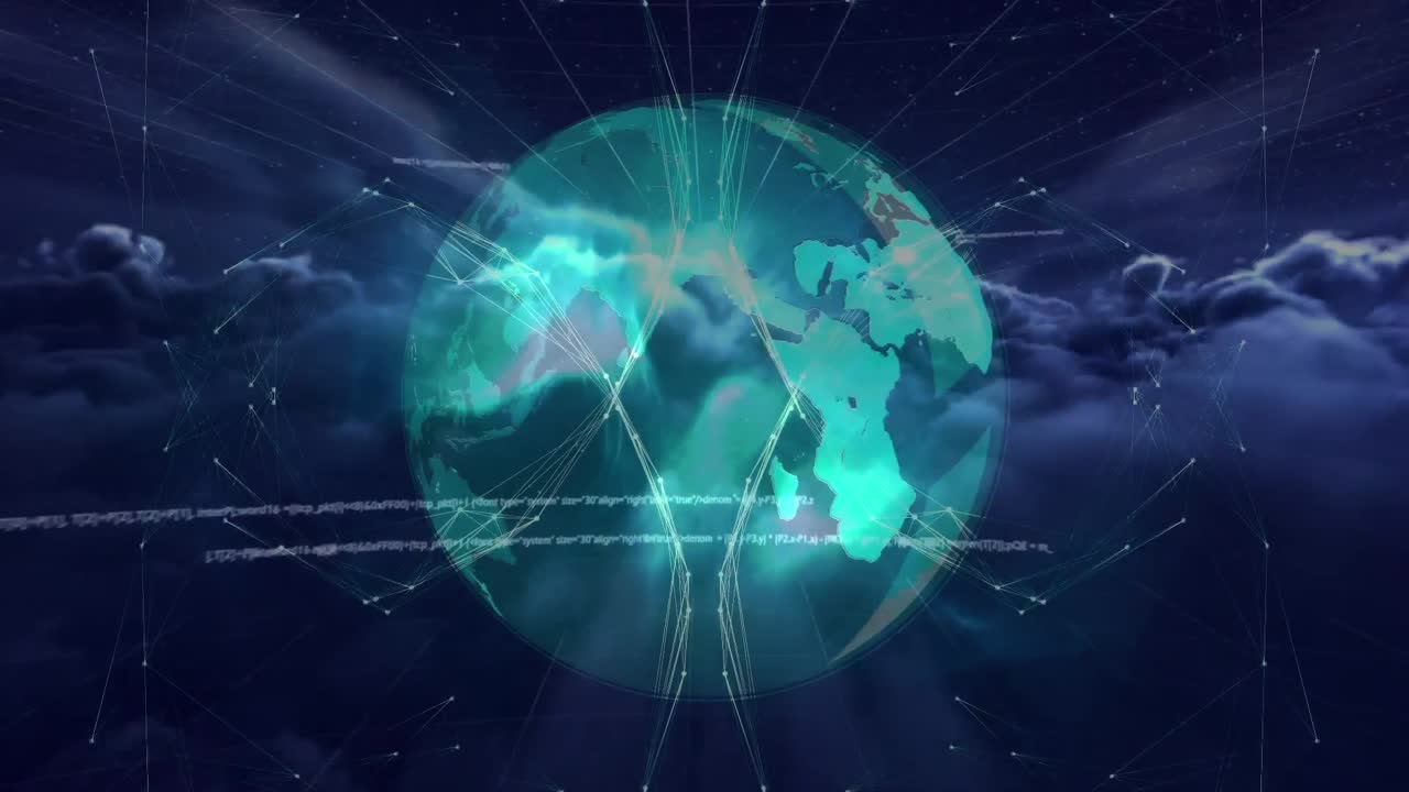 검은 바탕에 구름 위의 데이터 처리 및 지구의 애니메이션