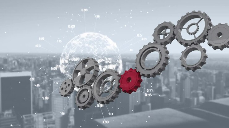 Globe spinning with data and connection network with cogs rotating