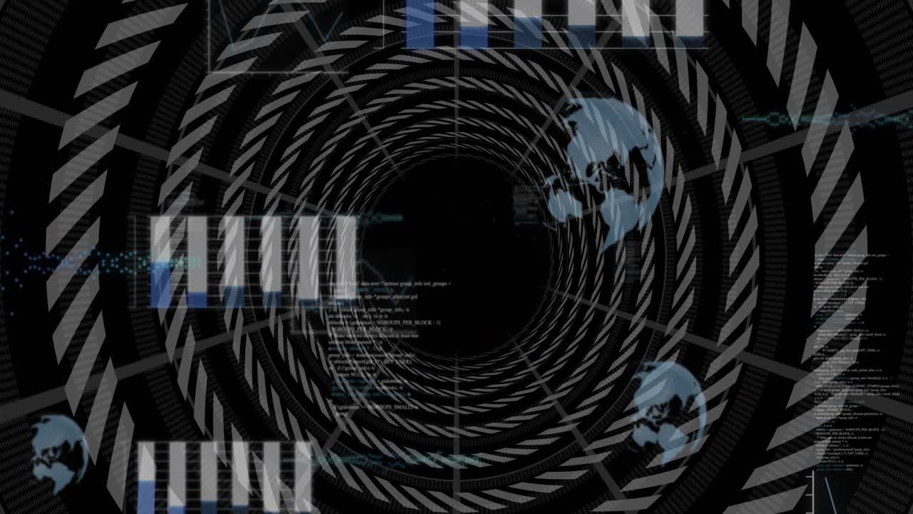 Spiral tunnel rotating with HUD appearing, bar graphs filling and globes moving, showing scan data