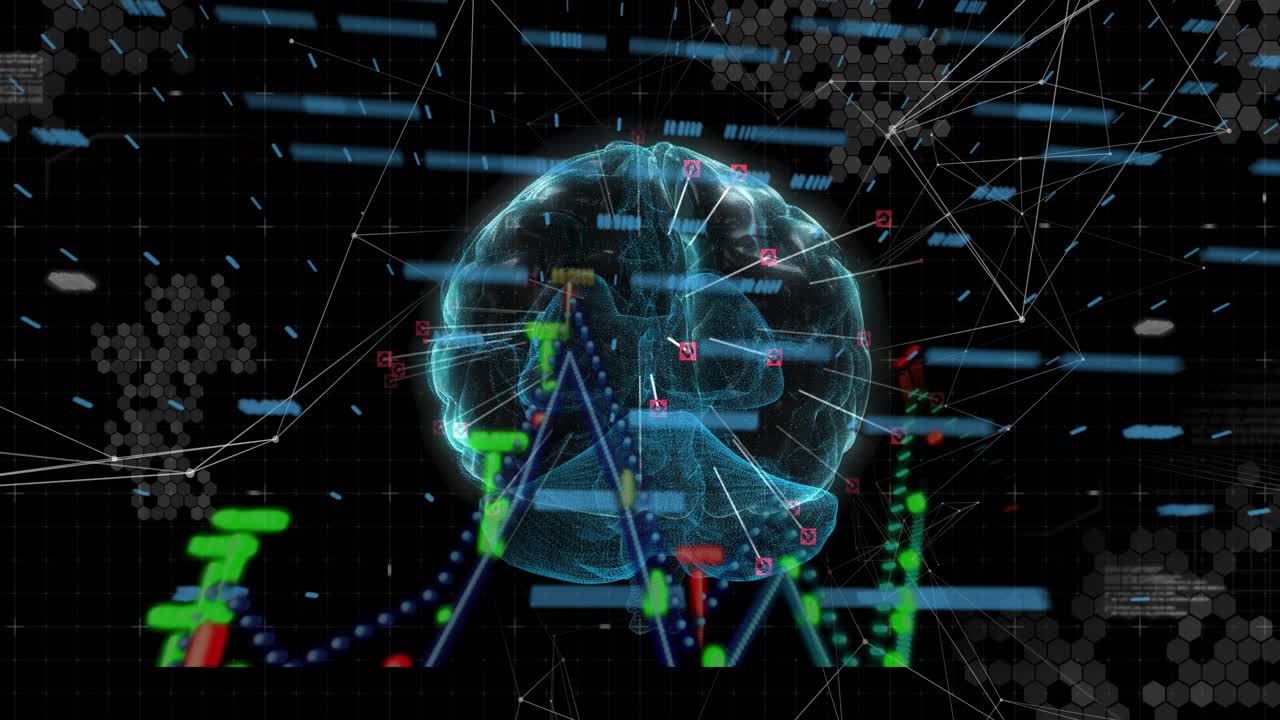 Blue bars starting, cyan 3D brain rotating, markers pulsing, charts rising linking markers to data