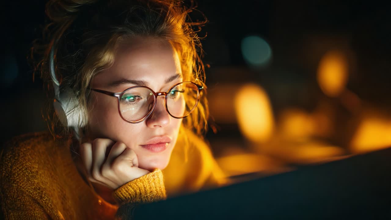 Eine junge Frau, die in ihr digitales Gerät vertieft ist, beleuchtet von weichem Umgebungslicht in einer gemütlichen Umgebung, die Neugier und Konzentration zeigt