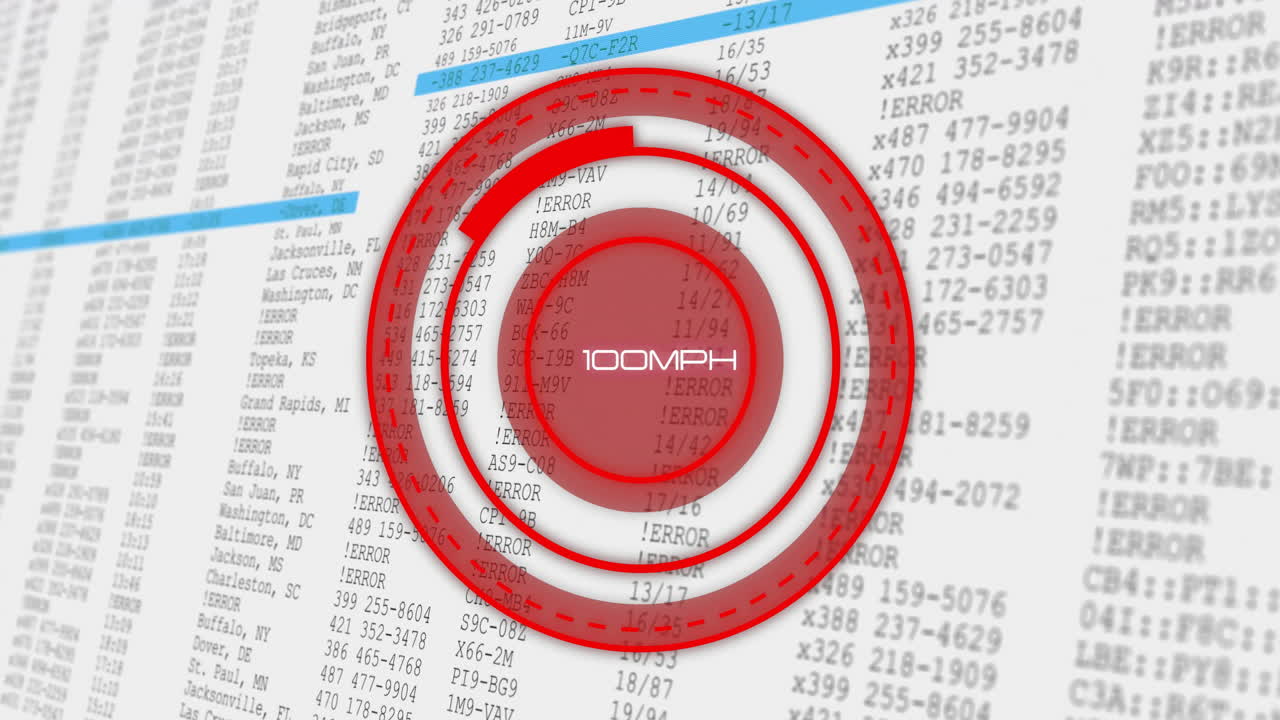 animación de objetivo roja sobre códigos de error y datos con texto de 128mph
