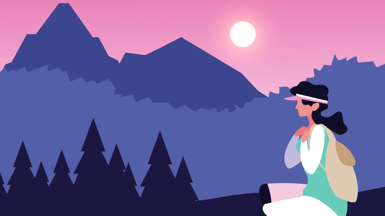 joven aventurera en las montañas animación