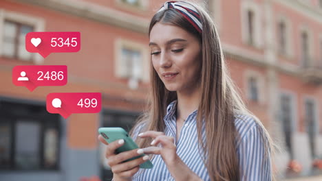 young woman smiling while using smartphone with social media notifications