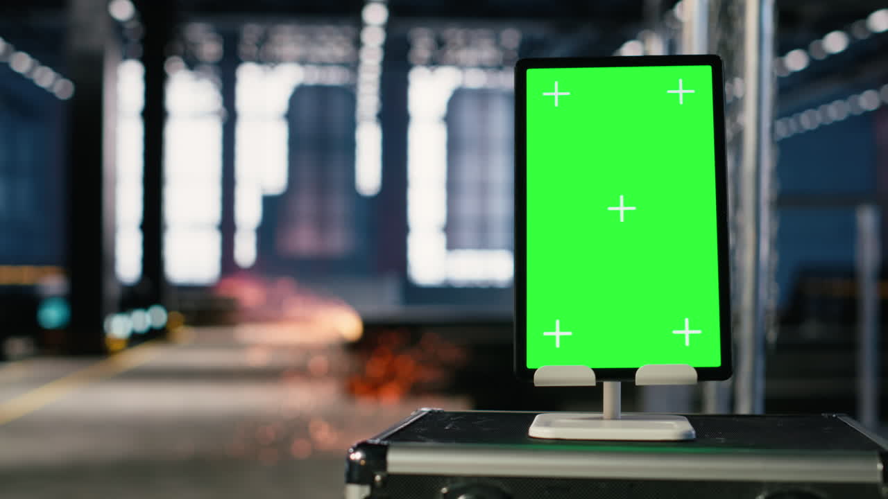 Vertical green screen in a heavy industry factory features metallic pipes