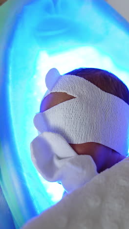 newborn child with pacifier lies in the crib on ultraviolet lamp. phototherapy in the maternity hospital. top view. vertical video